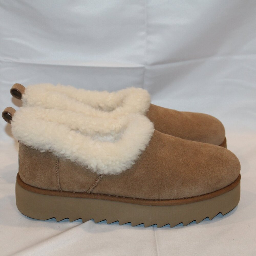 NEW UGG WOMEN'S NITA PLATFORM SUEDE SHEARLING LINED CUFF SLIPPERS SHOES CHESTNUT